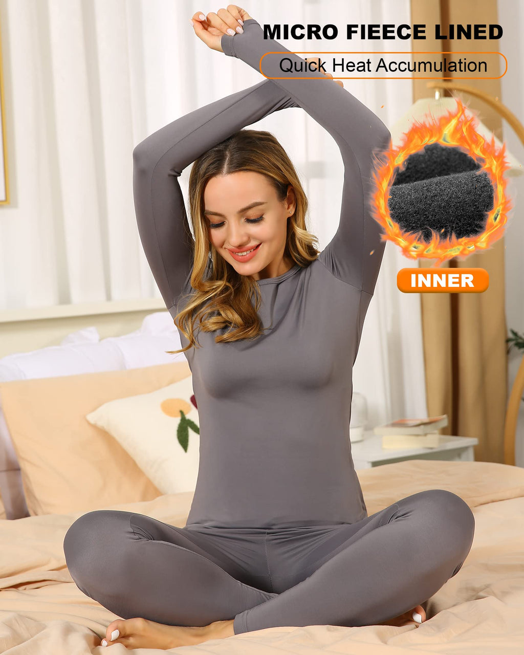 ViCherub Womens Thermal Underwear Set Long Johns Base Layer Fleece Lined Cold Weather Soft Top Bottom Gray 2XL