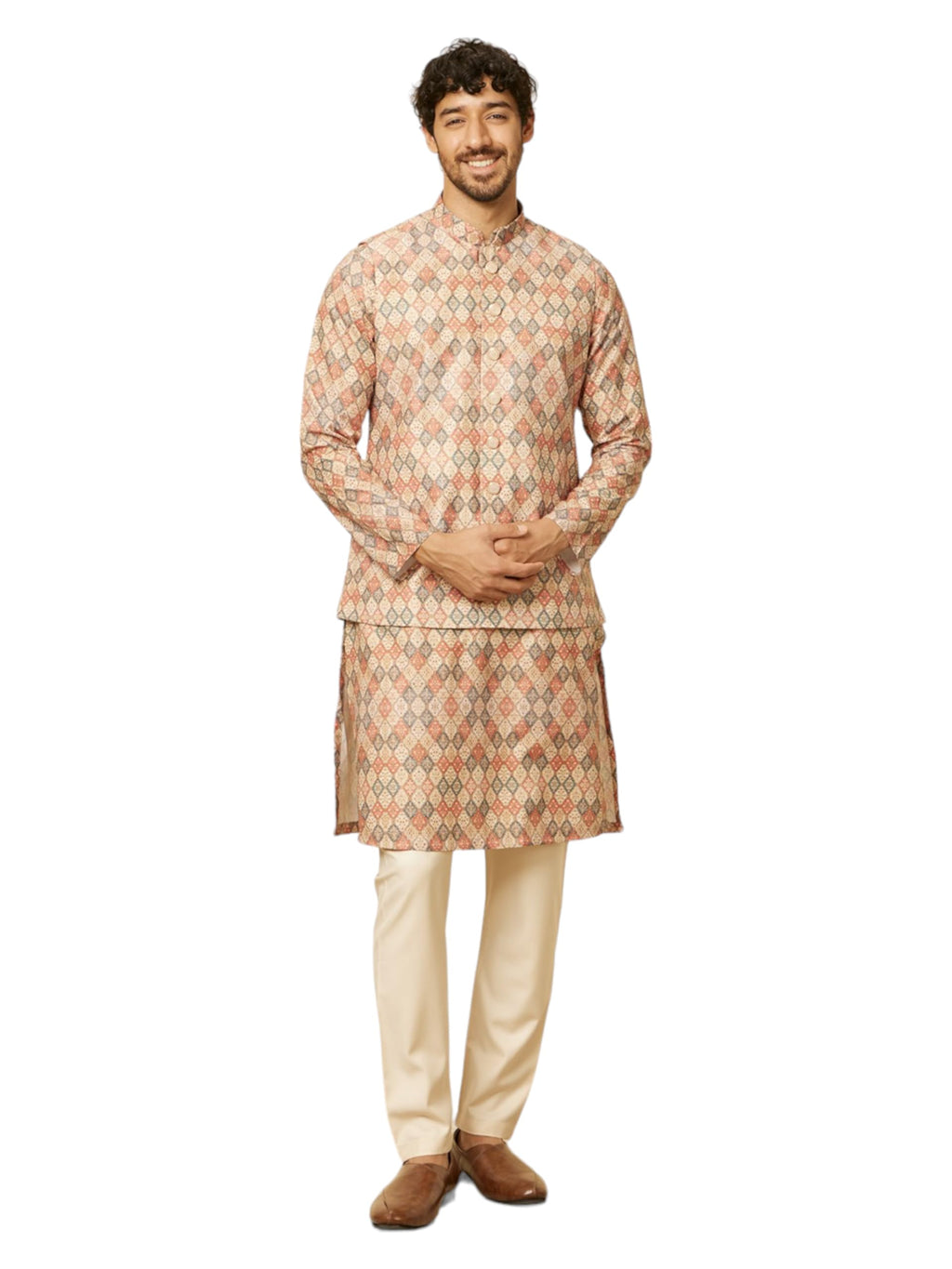 Manyavar Mens Beige Blended Viscose Printed Jackets
