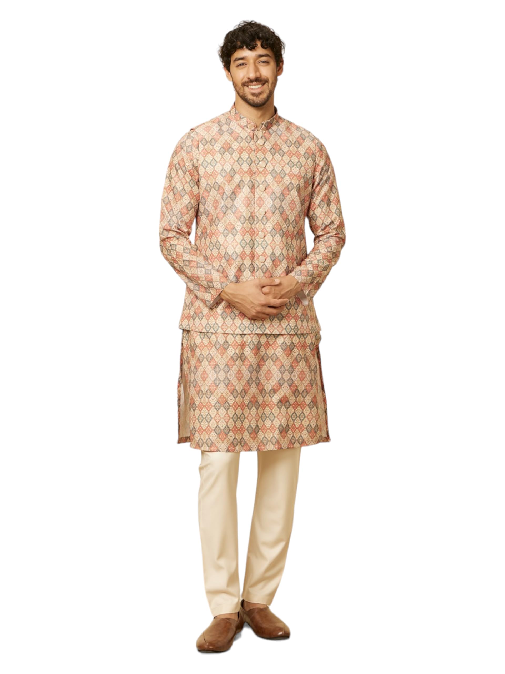 Manyavar Mens Beige Blended Viscose Printed Jackets