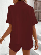 Shasmi Women & Girls Maroon Solid Color Button Front Vacation Solid Texture Short Sleeve Loose Fit Drop Shoulder Pocket Shirt an