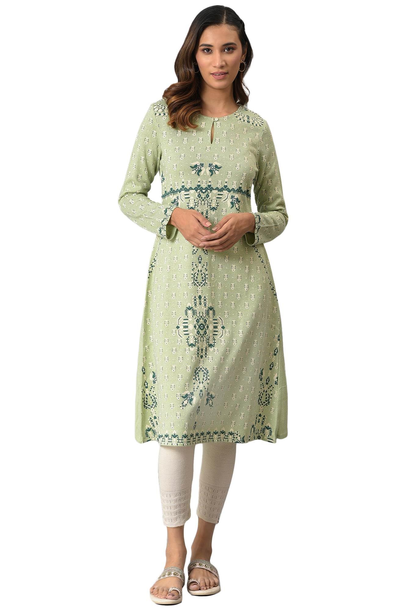 W For Woman Light Green A-Line Floral Printed Winter Kurta_22Now18540-119380P_S