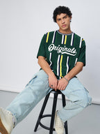 The Souled Store Stripes: Pacific Men and Boys Short Sleeves Round Neck Green Striped Cotton Oversized T-Shirts