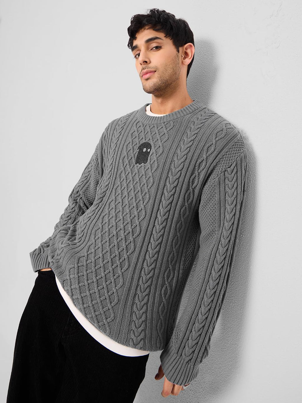 The Souled Store Cable Knit Pullover: Stone Grey Oversized Pullovers for Men and Boys