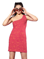 Juneberry Black & Beige Floral Print Snug Fit Sleeveless One Shoulder Above Knee Length Sheath Dress For Women (Jbdr_0323_2003_V