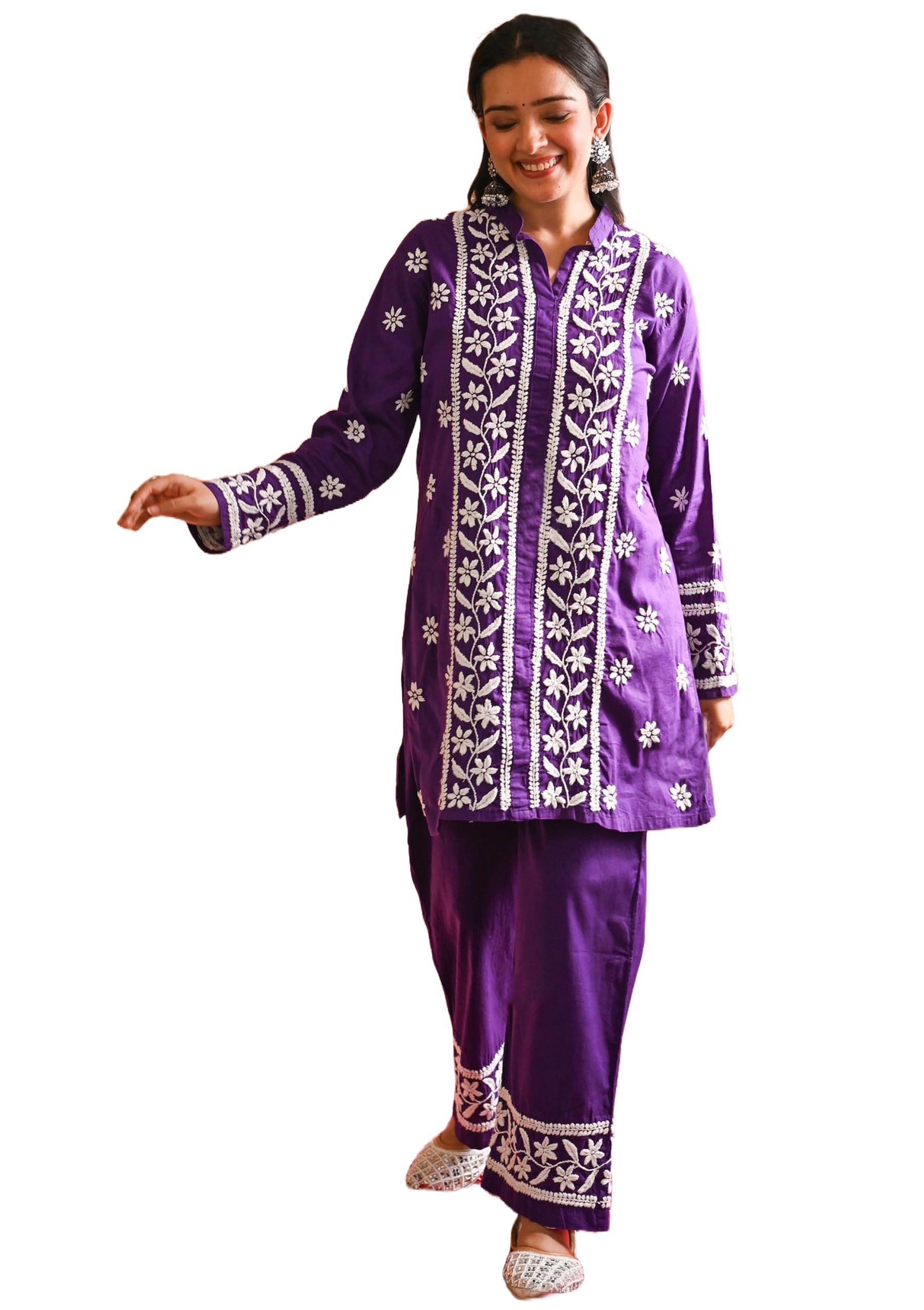 ANNI DESIGNER Women's Cotton Blend Straight Chikankari Embroidered Kurta with Palazzo Set (LKO Purple_L_Purple_Large)