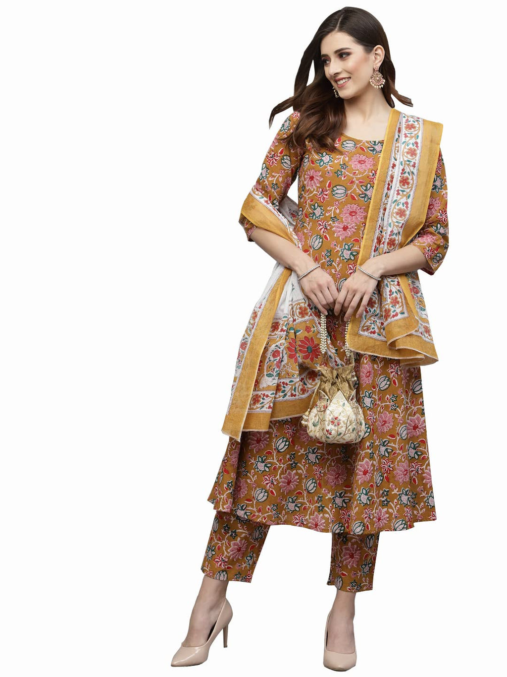 Stylum Women'S Floral Printed Cotton Kurta Pant Dupatta Set (Kpdyellowuri36_Mustard, S)