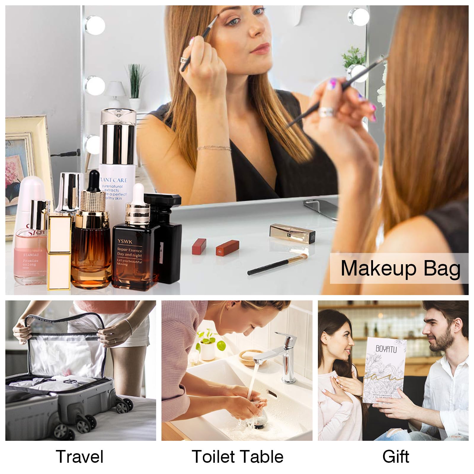 BOYATU Travel Makeup Bag for Women: Large Cosmetic Bag Set of 3 - Vegan Leather Make up Bag with Compartments - Compact Waterpro