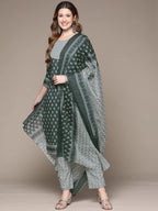 Anubhutee Women Teal Ethnic Motifs Printed Pure Cotton Kurta With Trousers & With Dupatta