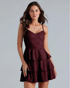 ADDYVERO V-Neck Shoulder Straps Sleeve Glam Glitter Ruffled Tiered Fit Above Knee Length Women Solid Fit and Flare Dress (Maroon