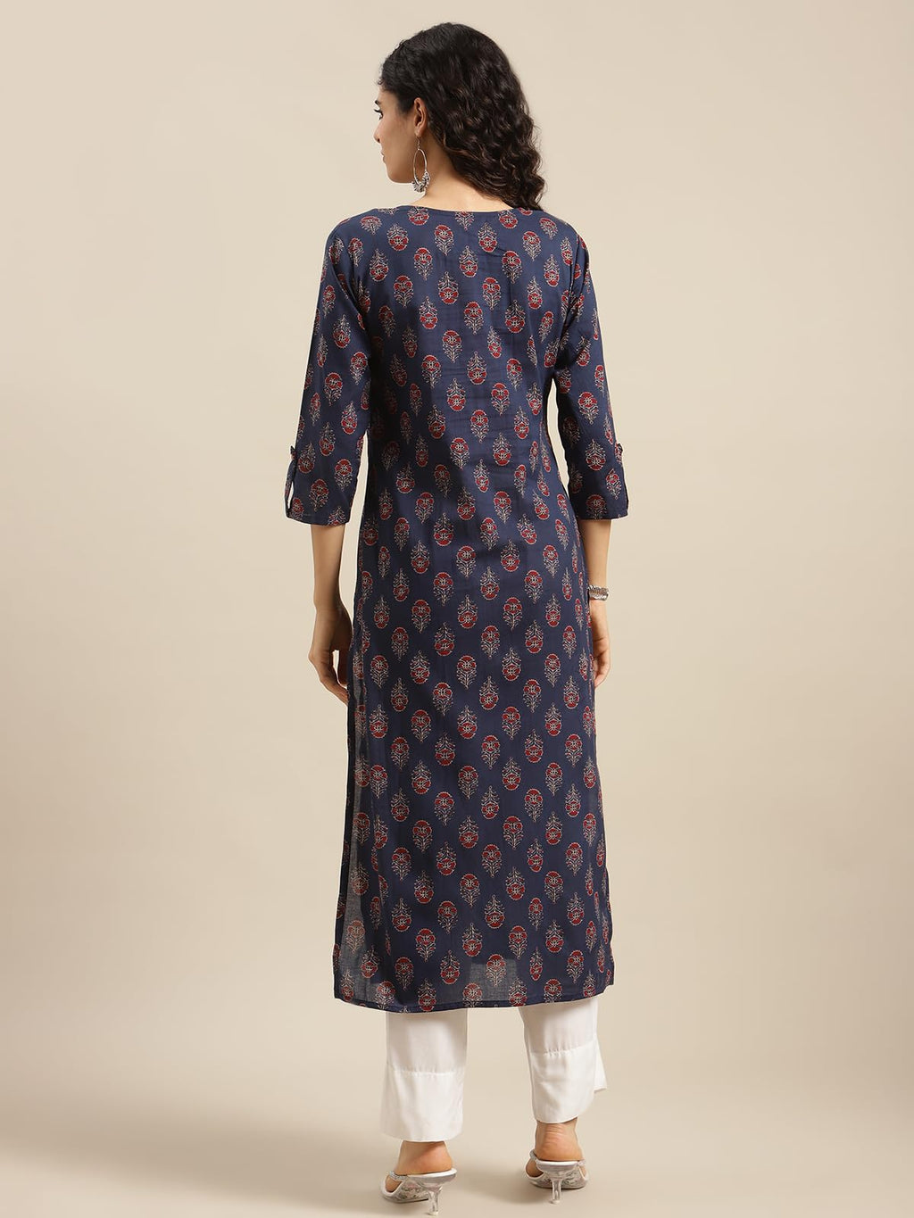Varanga Women Navy Blue Ethnic Motifs Straight Kurta  Round Neckline With V Notch, 3/4Th Sleeves, Side Slit, Printed Design, Com