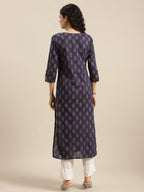 Varanga Women Navy Blue Ethnic Motifs Straight Kurta  Round Neckline With V Notch, 3/4Th Sleeves, Side Slit, Printed Design, Com