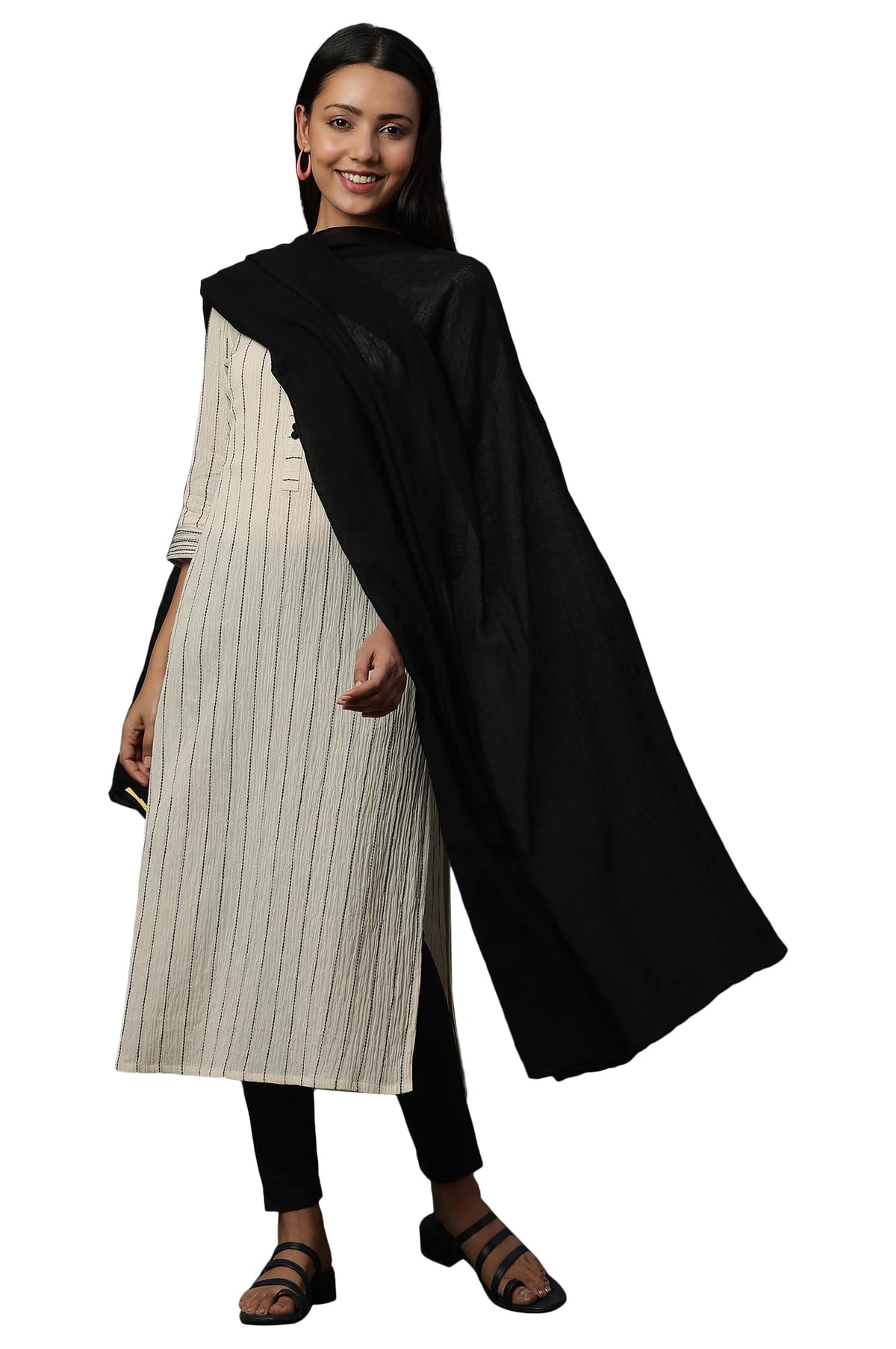 Aurelia WomenS Black South Cotton Striped Dupatta (Size: Free Size)-Acr80076-704720