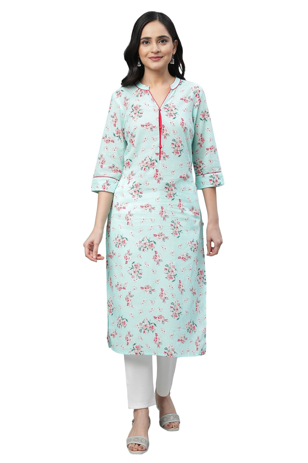 Aurelia Green Floral Printed Printed Cotton Straight Long Kurta For Women