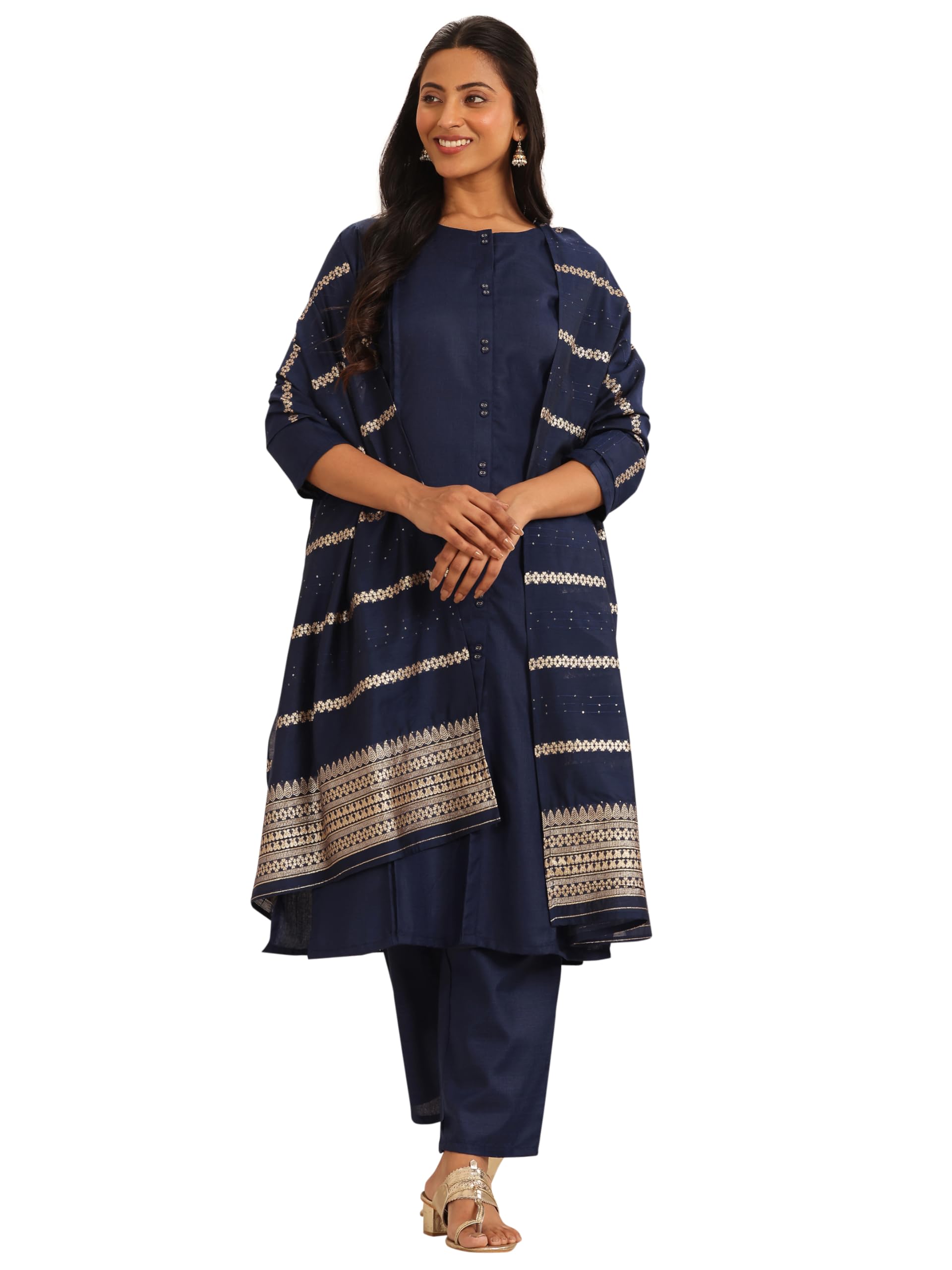 Libas Womens Woven Design Cotton Blend Straight Kurta With Trousers And Dupatta