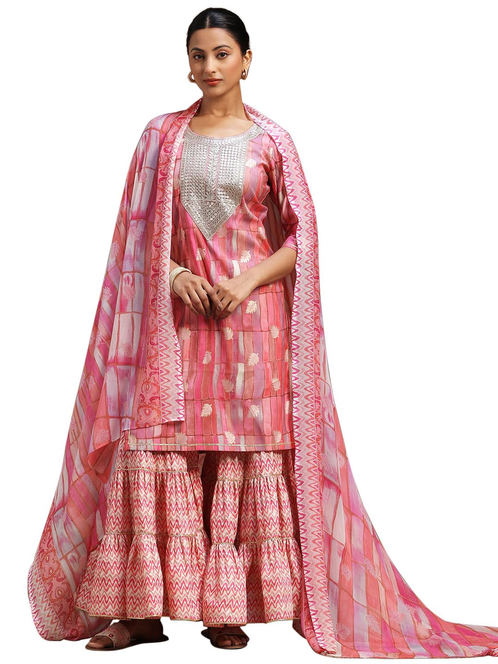 Libas Womens Printed Silk Blend Straight Kurta With Sharara And Dupatta