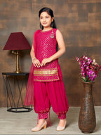 Aarika Girls Ethnic Wear Rani Colour Sequin Embroidery Lace Work Georgette Kurti Patiala Set (10-15 Years)