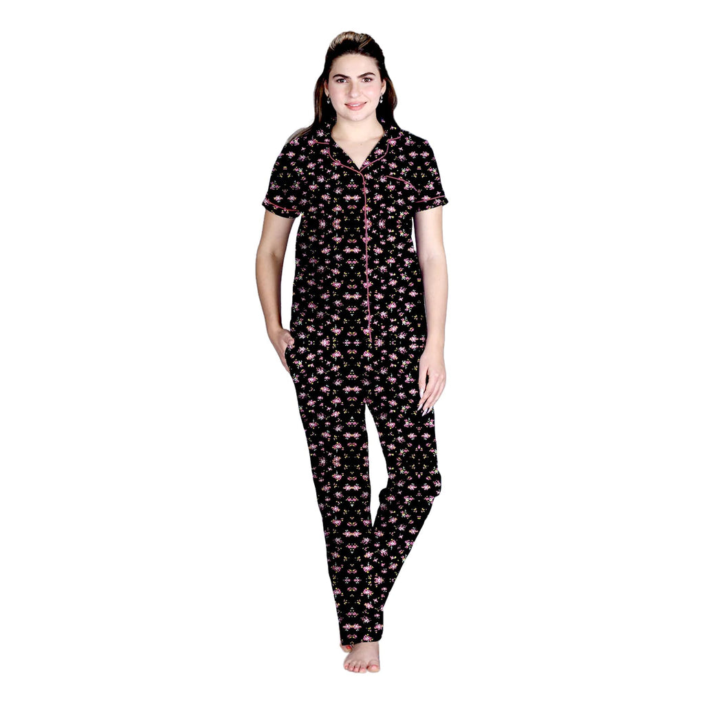 Lyra WomenS Cotton Shirt And Pyjama Printed Night Suit Black