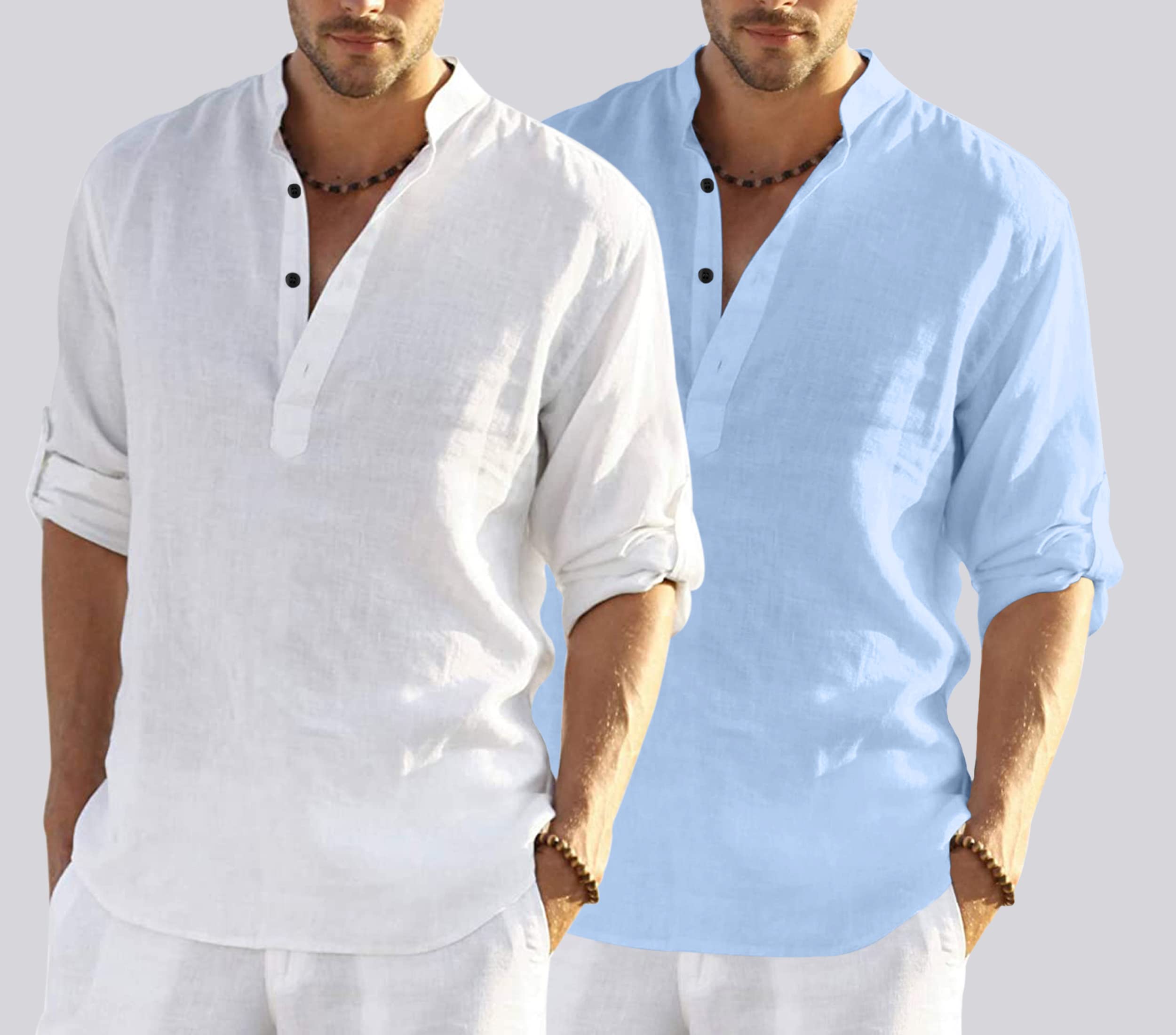 Bellstone MenS Cotton Blend Solid Regular Dress Shirt (Kurta800Combo_White_Skyblue_Xl Sky Blue