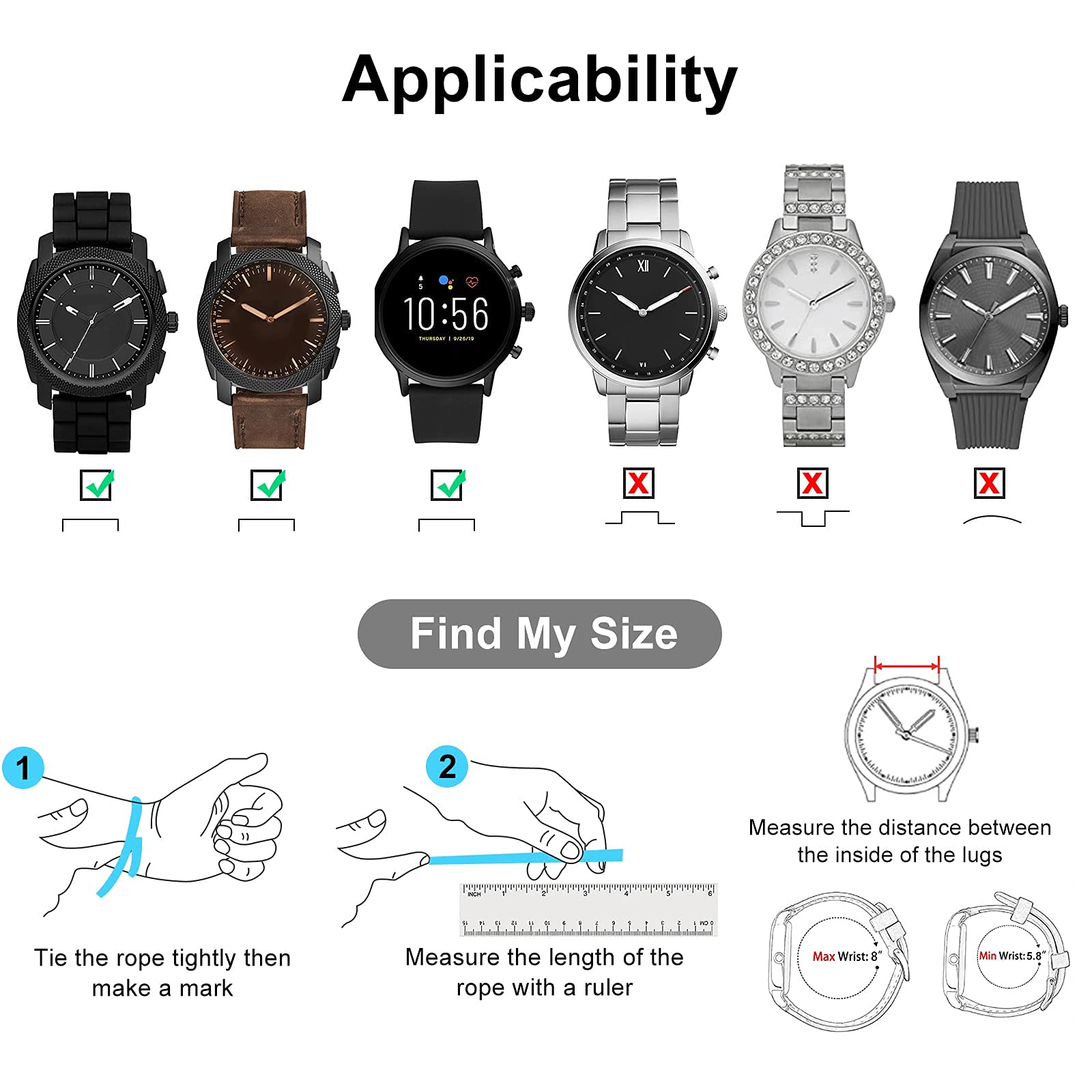 24mm Men's Black Silicone Rubber Watch Straps Bands Waterproof for Fossil Watch Replacement