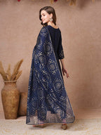 ANNI DESIGNER Womens Rayon Blend Printed Anarkali Kurta with Pant & Dupatta (Varuna Navy_S_Navy Blue_Small)