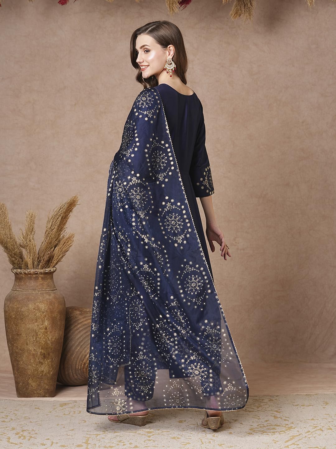 ANNI DESIGNER Womens Rayon Blend Printed Anarkali Kurta with Pant & Dupatta (Varuna Navy_S_Navy Blue_Small)