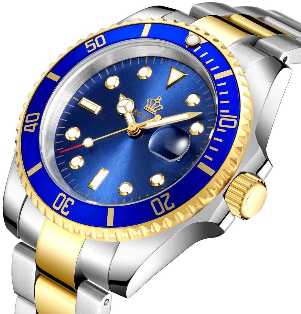 FANMIS Mens Luxury Watches Ceramic Bezel Mineral Glass Luminous Quartz Silver Gold Two Tone Stainless Steel Watch (Gold Blue)