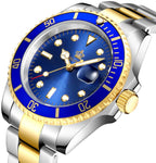 FANMIS Mens Luxury Watches Ceramic Bezel Mineral Glass Luminous Quartz Silver Gold Two Tone Stainless Steel Watch (Gold Blue)
