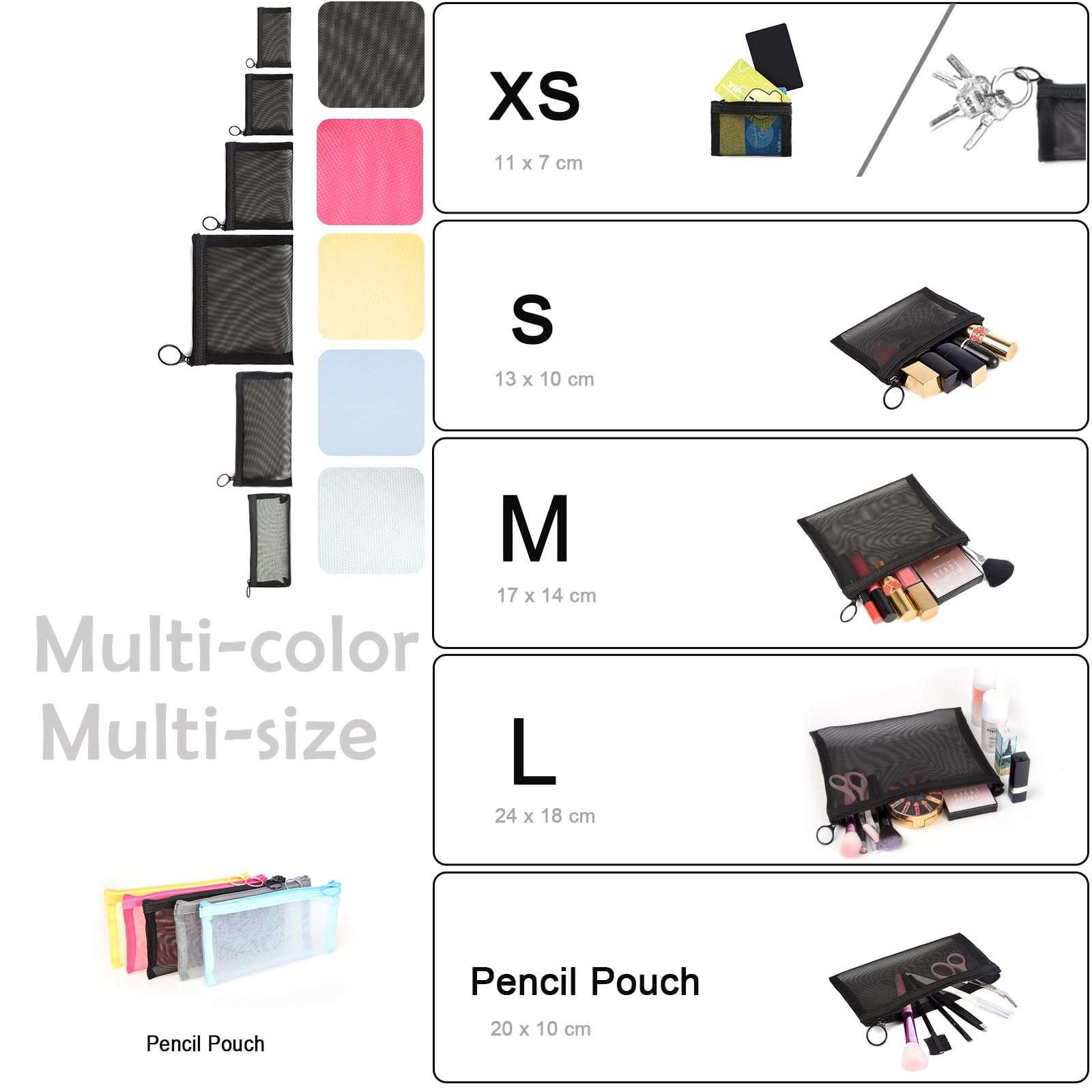 patu Zipper Mesh Bags, Pencil Case, 5 Pieces, Beauty Makeup Cosmetic Accessories Organizer, Travel Toiletry Kit Set Storage Pouc