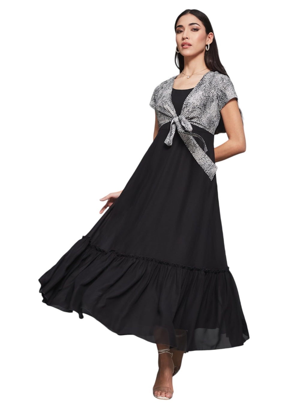 Miss Chase Womens Tapered Short Sleeve Animal Tie-Up Midi Dress (MCSS25D93-19-415-02, Absolute Black, XS)