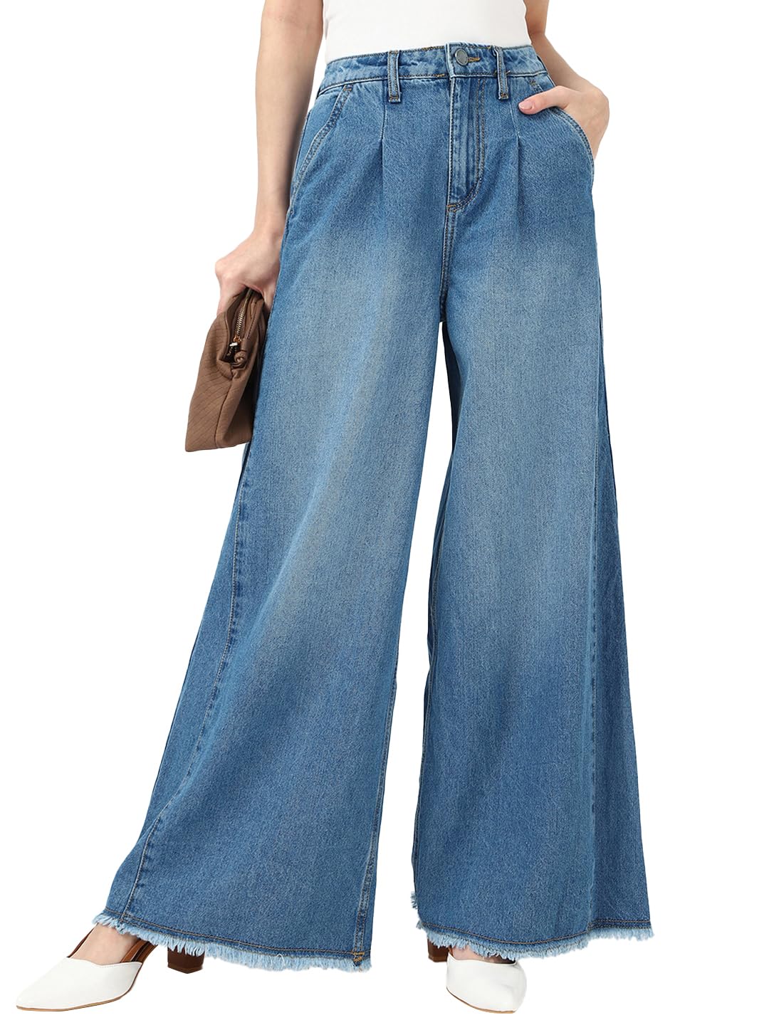 Bewakoof Womens Washed Flared 100% Cotton Jeans_662205_Blue_34