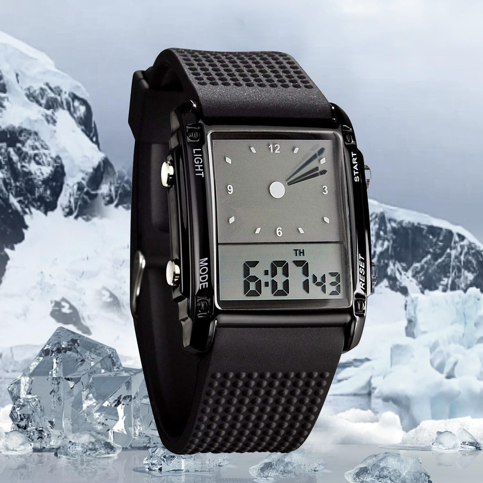 FANMIS Men's Rectangle Dial Sports Wrist Watches with 7 Colors Optional LED Backlight Multifunctional Alarm Stopwatch 12/24H Rub