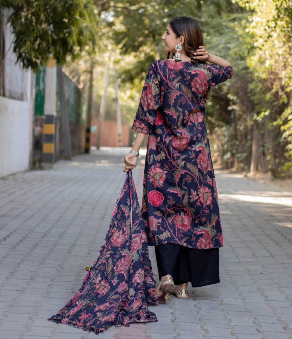 Gosriki Women'S Cotton Blend Floral Printed Straight Kurta With Palazzos & Dupatta (Japa-Gs)