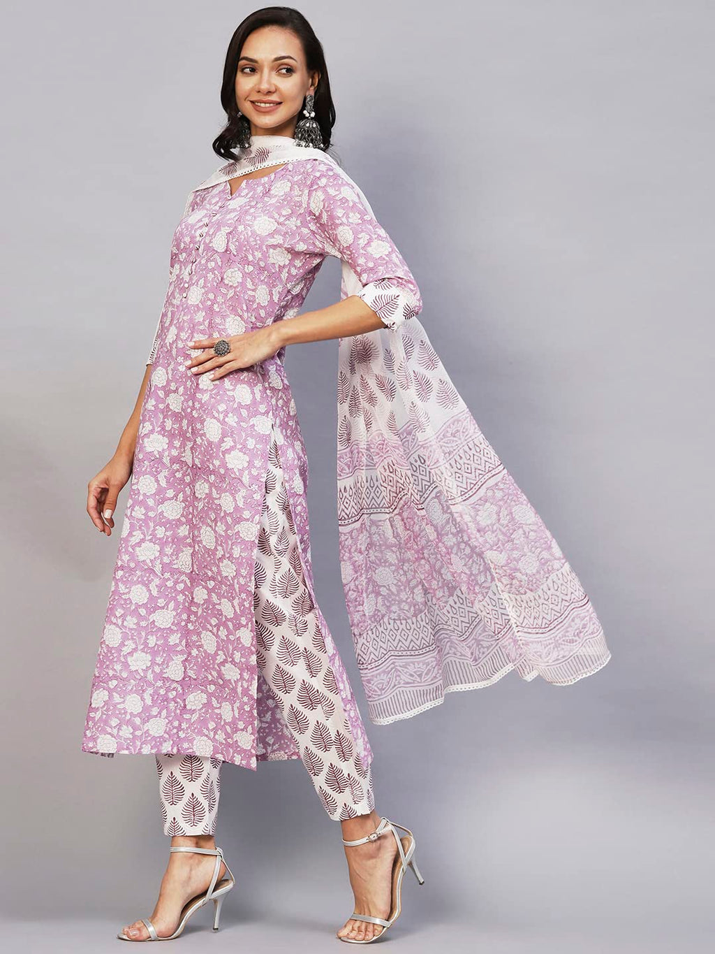 Anni Designer Women'S Cotton Blend Straight Printed Kurta With Pant & Dupatta (Ratnapriya Purple)