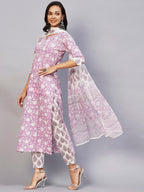 Anni Designer Women'S Cotton Blend Straight Printed Kurta With Pant & Dupatta (Ratnapriya Purple)