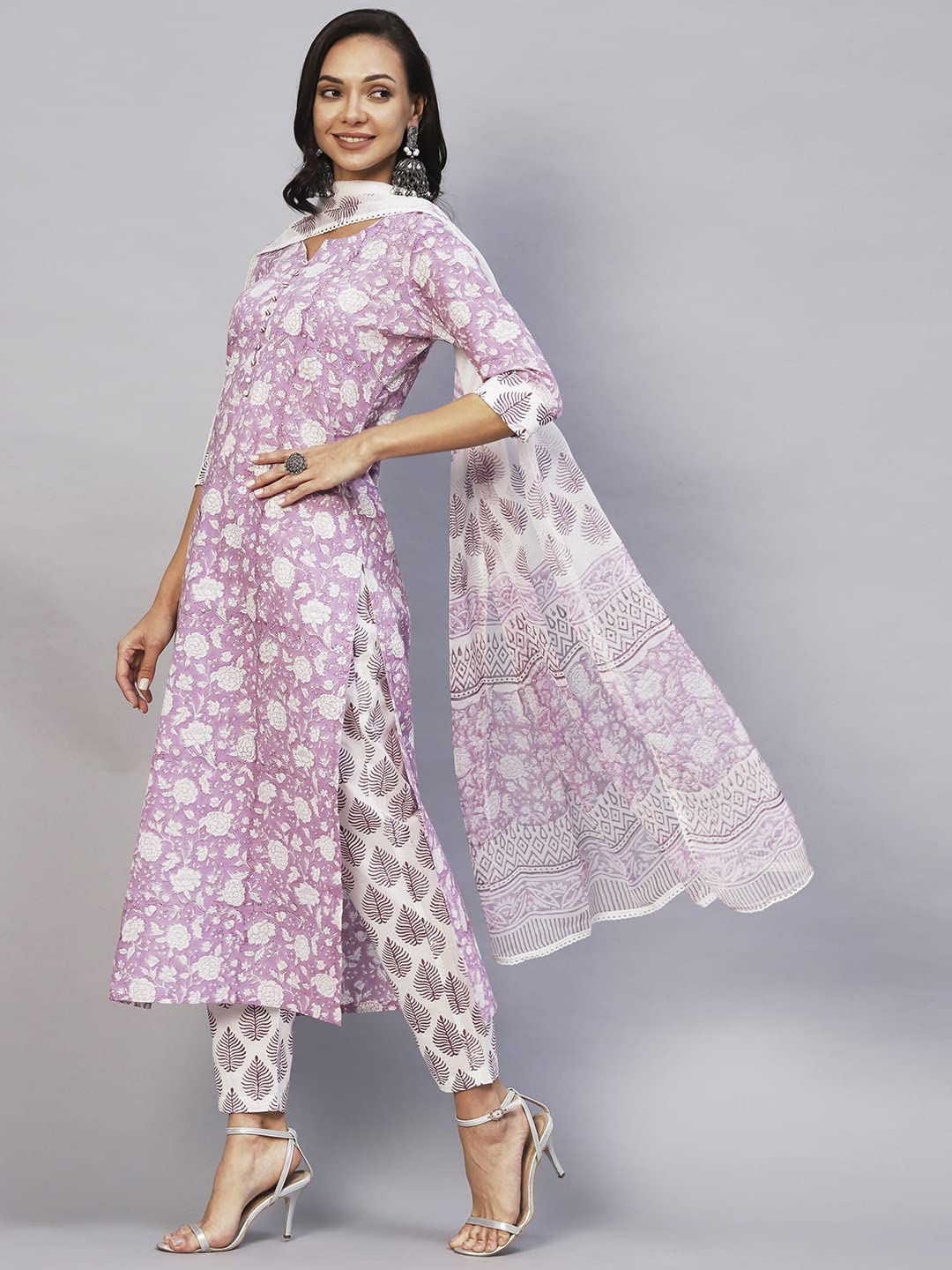 ANNI DESIGNER Womens Cotton Blend Straight Printed Kurta with Pant & Dupatta (Ratnapriya Purple-SNW_XXL_Purple_XX-Large)