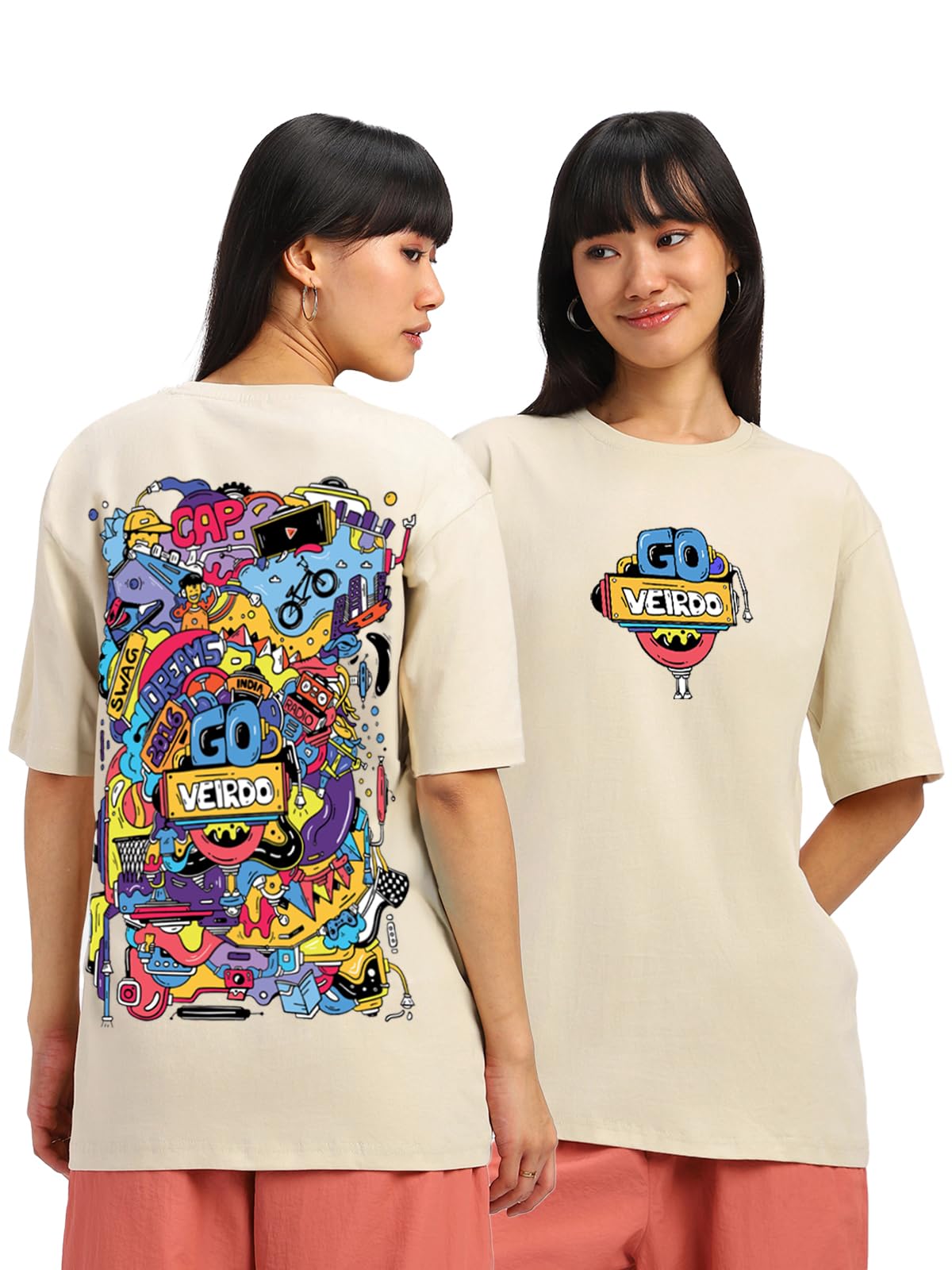 Veirdo Women's Oversized Baggy Fit Cotton Drop Shoulder Short Sleeve Aesthetic Back Doodle Graphic Printed T-Shi