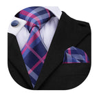 Dubulle Mens Plaid Pink and Blue Neckties Hankerchief Set Woven Silk Ties for Men Wedding