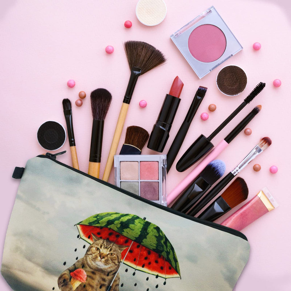 Cosmetic Bags for Women Small Funny Cat Holding Watermelon Umbrella Ice Cream Makeup Bag for Purse Travel Toiletry Bag Accessori