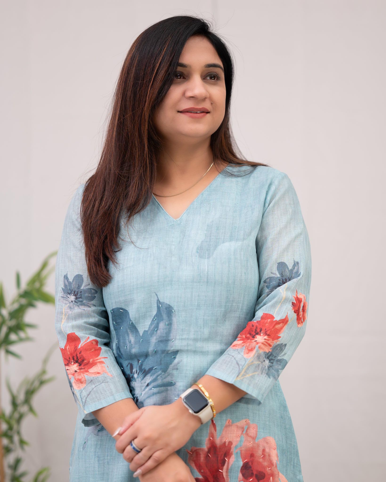 ANNI DESIGNER Women s Straight Printed Viscose Kurta with Trousers, Sky blue, 38
