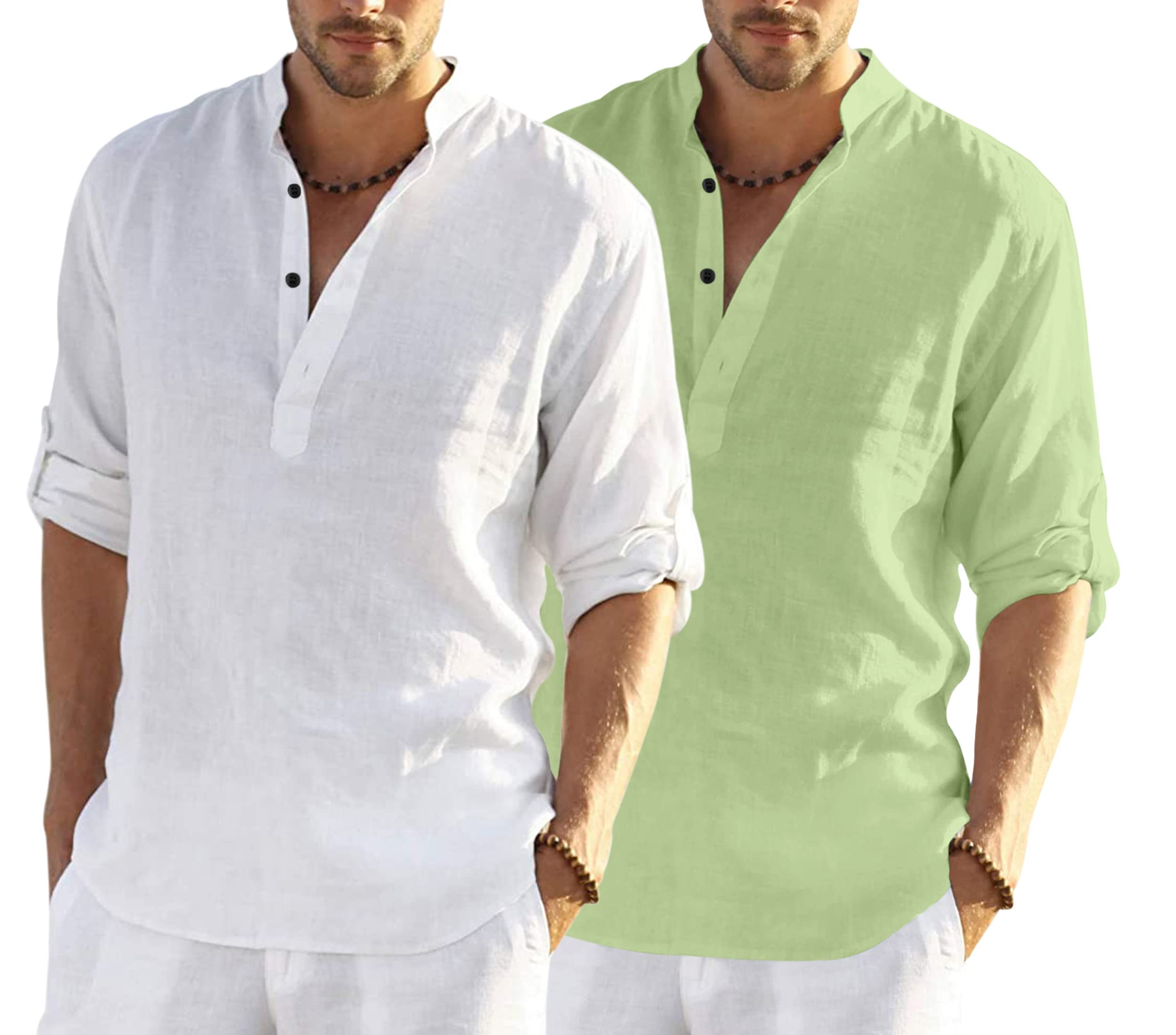 Hemrin Combo Of MenS Cotton Blend Full Sleeve Short Kurta Shirt With Mandarin Collar Pack Of 2