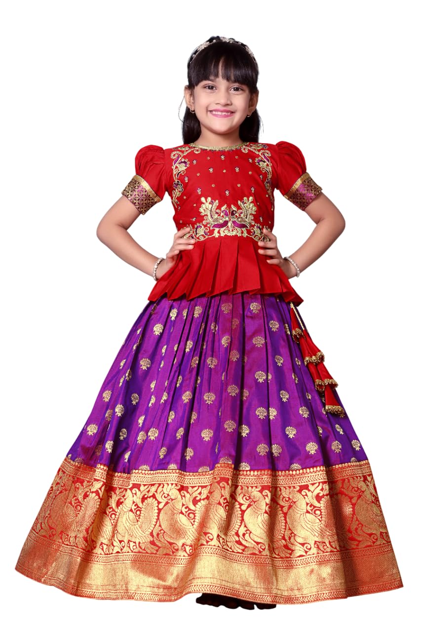 White Button New Latest GirlS Pattu Pavadai Readymade Lehenga Choli For Girls Dress
