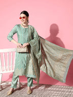 Ishin Women'S Brocade Green Woven Design A-Line Kurta Trouser Dupatta Set