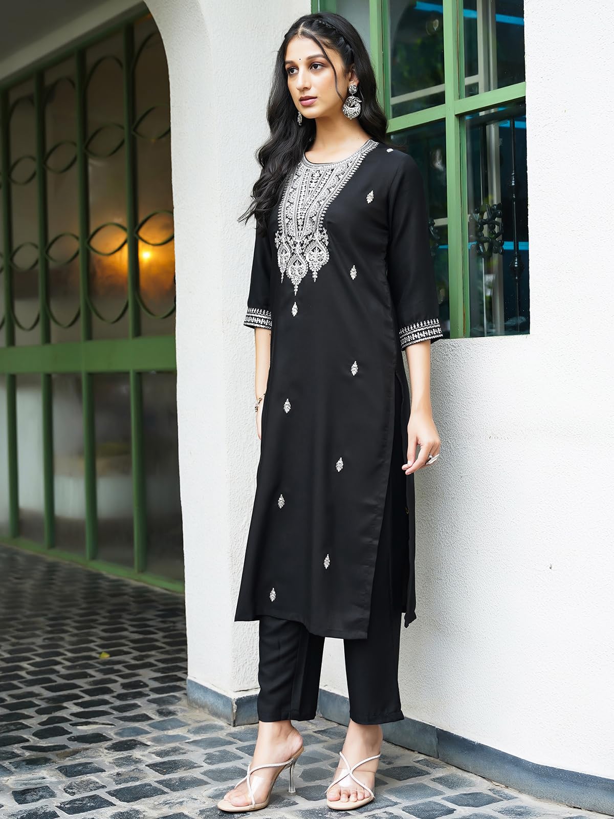 Sanisa Women'S Rayon Blend Sequins Embroidery Straight Kurta With Pant And Dupatta Set