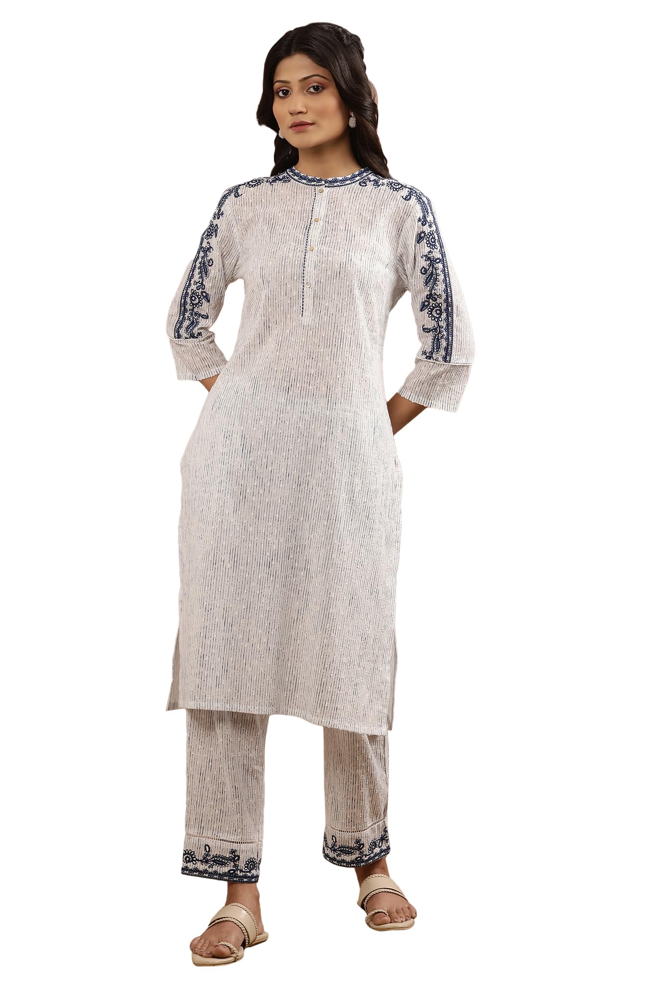 W For Woman White Cotton Stripe Printed Kurta With Thread Embroidery_24Auw10820-123096_Xs