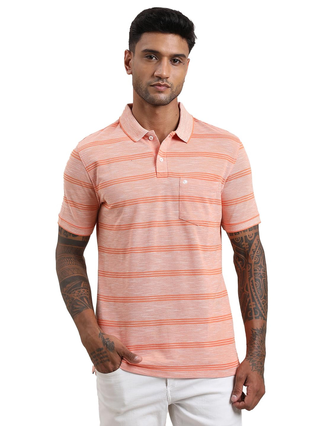 Turtle Men Slim Fit Self Design Orange Pure Cotton Polo Tshirt