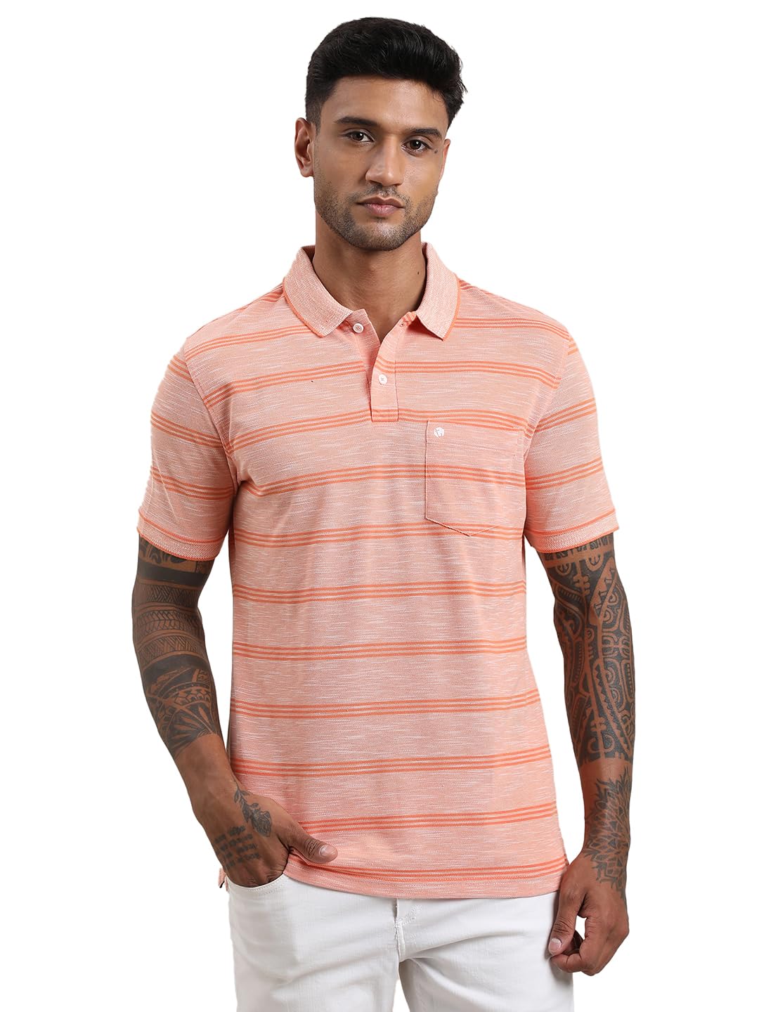 Turtle Men Slim Fit Self Design Orange Pure Cotton Polo Tshirt