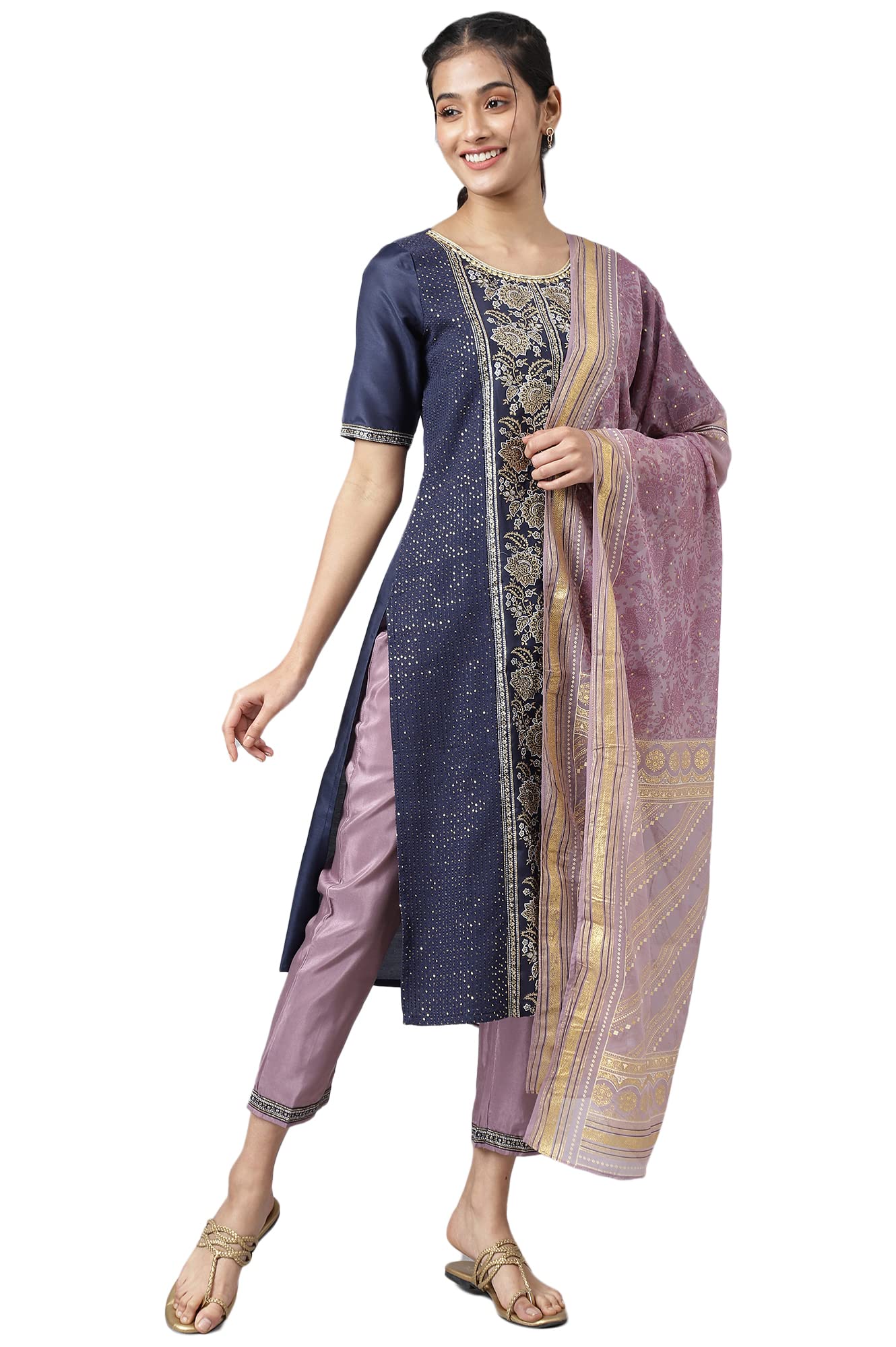 Aurelia Women Blue Glitter Printed Kurta With Purple Trousers And Dupatta_22Aud10472-504039_L