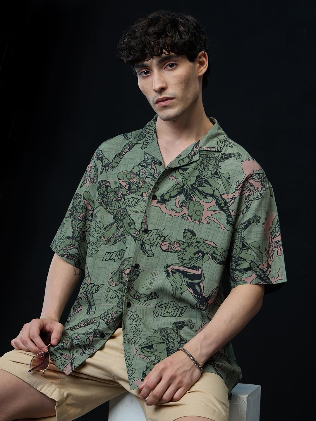 The Souled Store Avengers: Comics Men and Boys Short Sleeves Collared Neck Button Front Green All Over Printed Viscose Oversized
