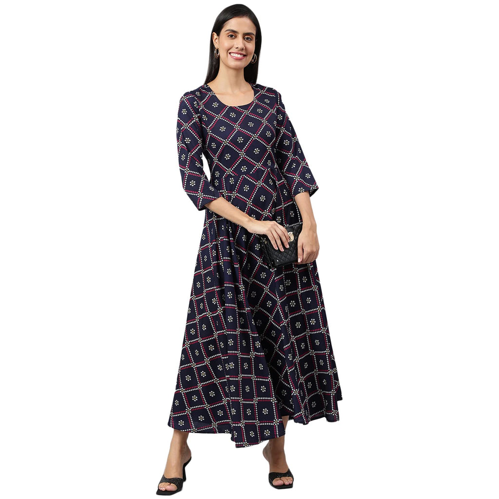 ANNI DESIGNER Womens Crepe Anarkali Printed Kurta (Dhnya Dark Blue_M_Dark Blue_Medium)