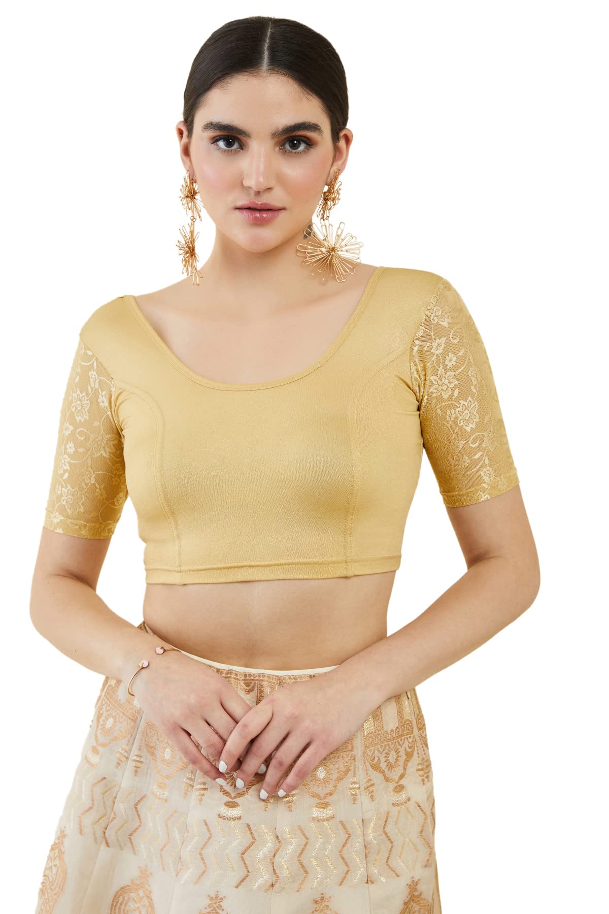 Soch Women Spandex Princess Cut Blouse with Floral Sleeves